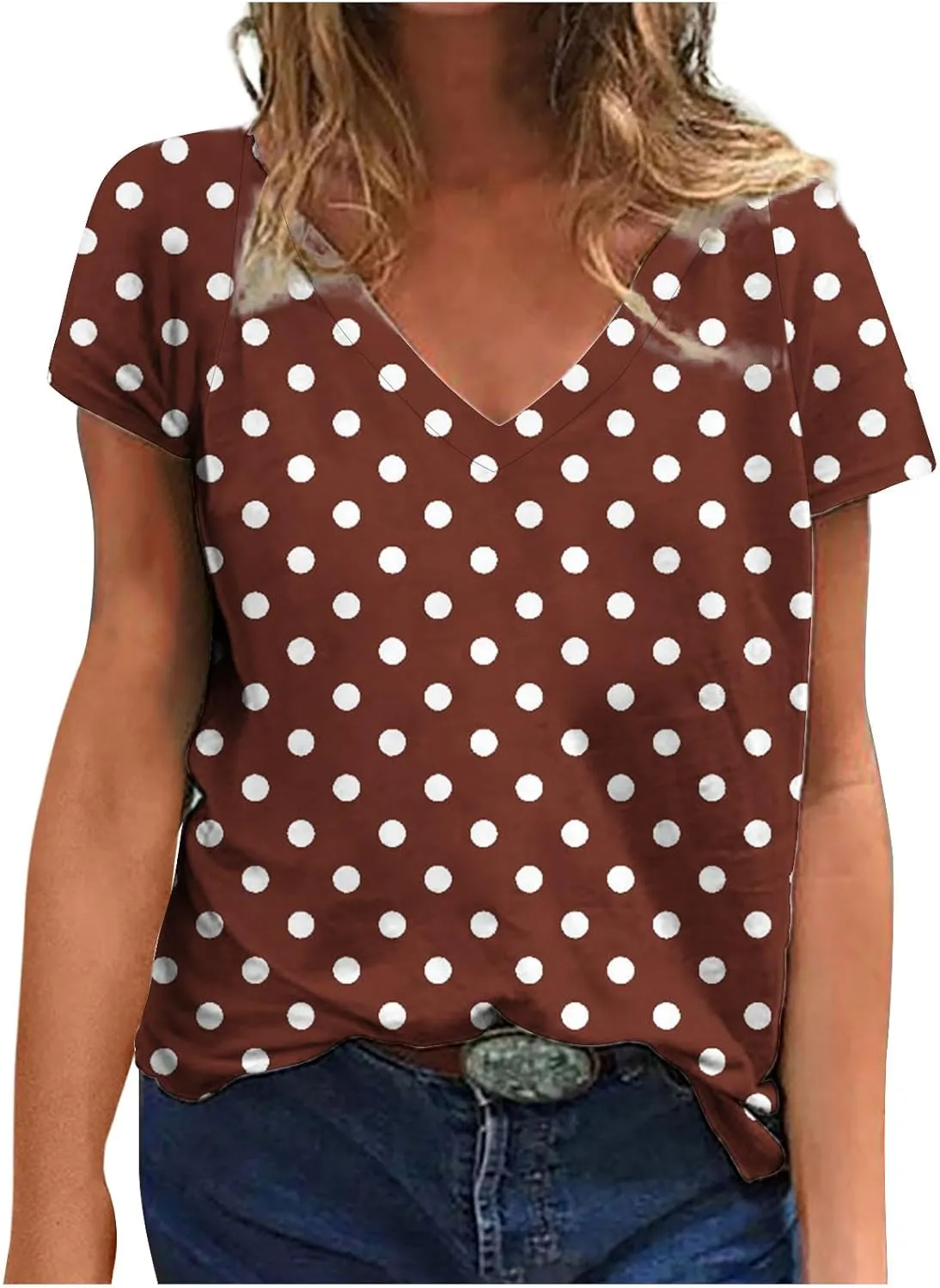 Womens Polka Dot Tops 2024 Summer Short Sleeve V Neck Tees Blouses Fashion Casual Loose Comfy Business Tshirts