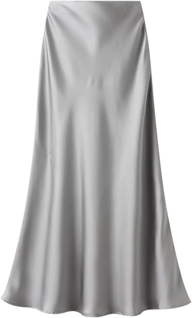 Women’s Satin Silk Midi Skirt Fishtail Mermaid High Waist Long Skirts