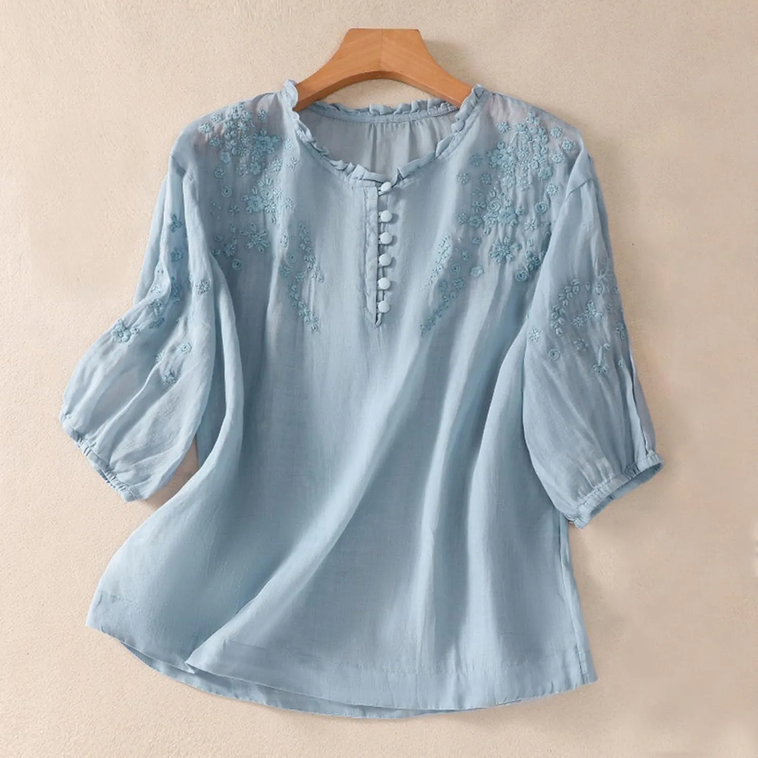 Women's Short Sleeve Embroidery Shirts Round Neck Button Up Loose Casual Cotton Linen T-Shirt Summer Retro Blouse Tops