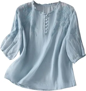 Women's Short Sleeve Embroidery Shirts Round Neck Button Up Loose Casual Cotton Linen T-Shirt Summer Retro Blouse Tops