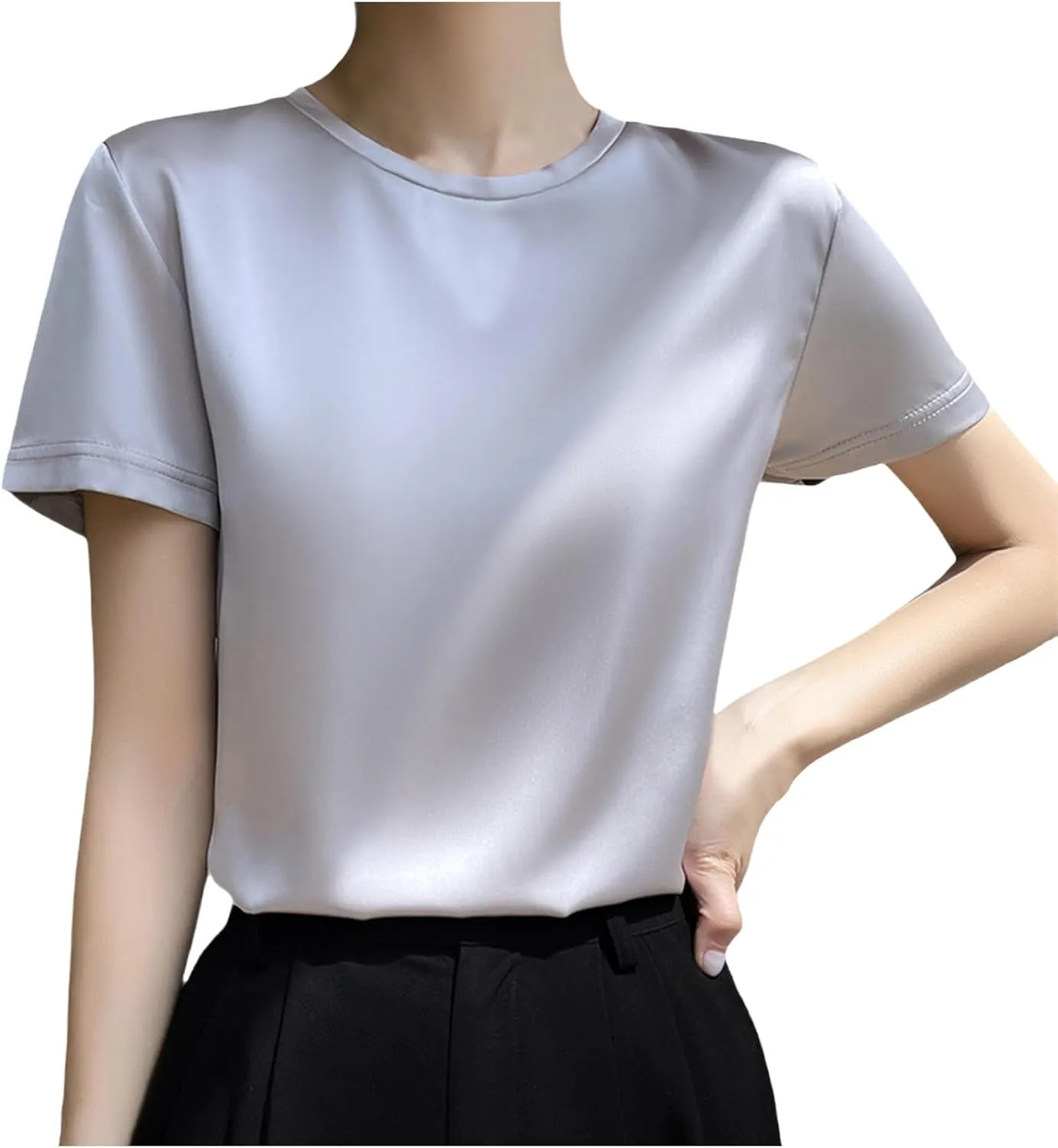 Women's Silk Satin Tops Summer Short Sleeve T Shirt Basic Solid Color Bottoming Tee Shirts Casual Blouse
