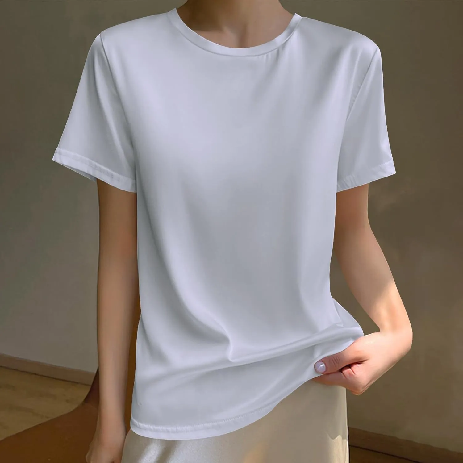 Women's Silk Satin Tops Summer Short Sleeve T Shirt Basic Solid Color Bottoming Tee Shirts Casual Blouse