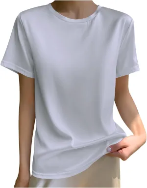 Women's Silk Satin Tops Summer Short Sleeve T Shirt Basic Solid Color Bottoming Tee Shirts Casual Blouse
