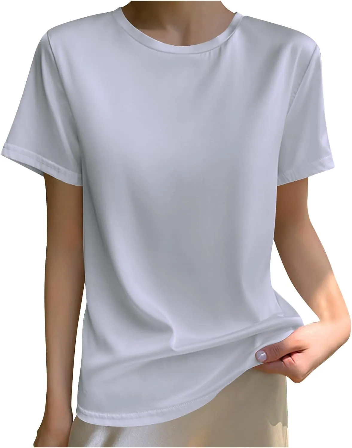 Women's Silk Satin Tops Summer Short Sleeve T Shirt Basic Solid Color Bottoming Tee Shirts Casual Blouse