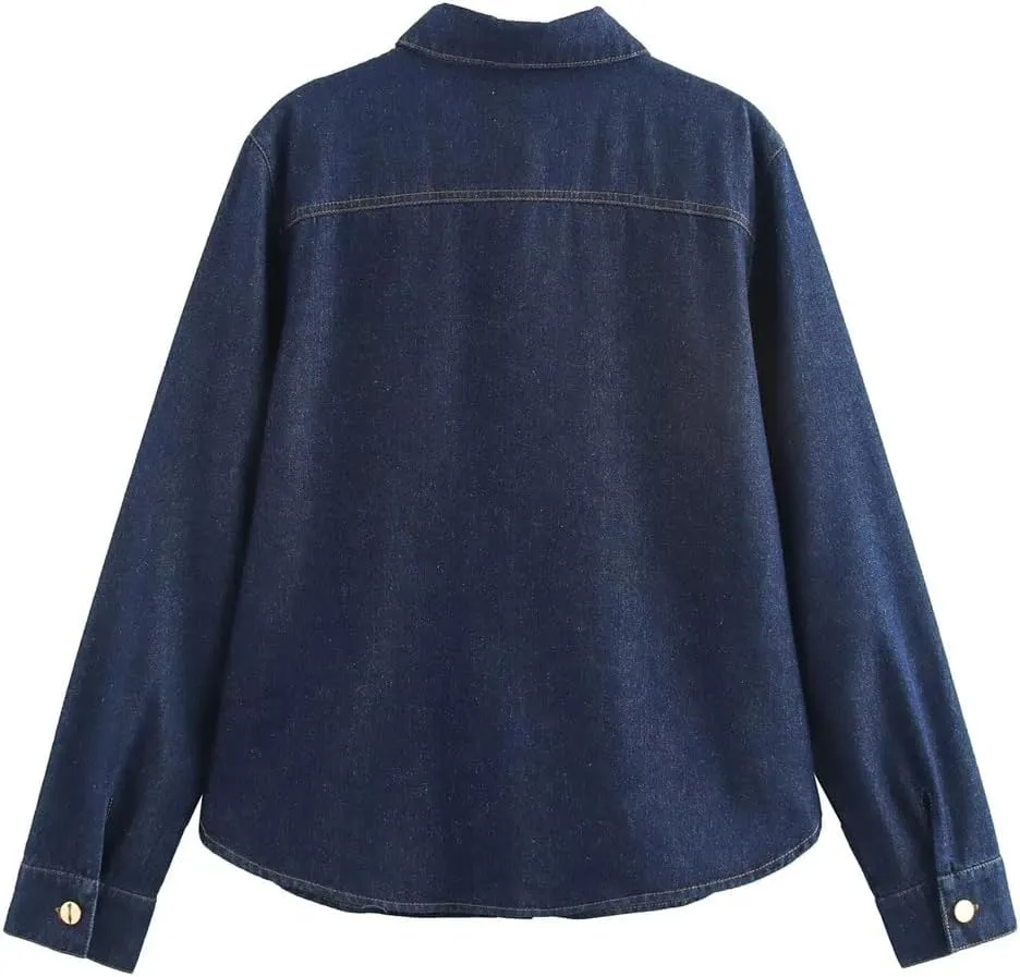 Women's Soft Denim Shirt Jacket Short Solid Button Business Casual Jean Coats