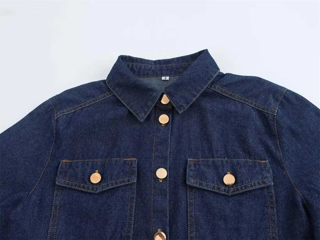 Women's Soft Denim Shirt Jacket Short Solid Button Business Casual Jean Coats