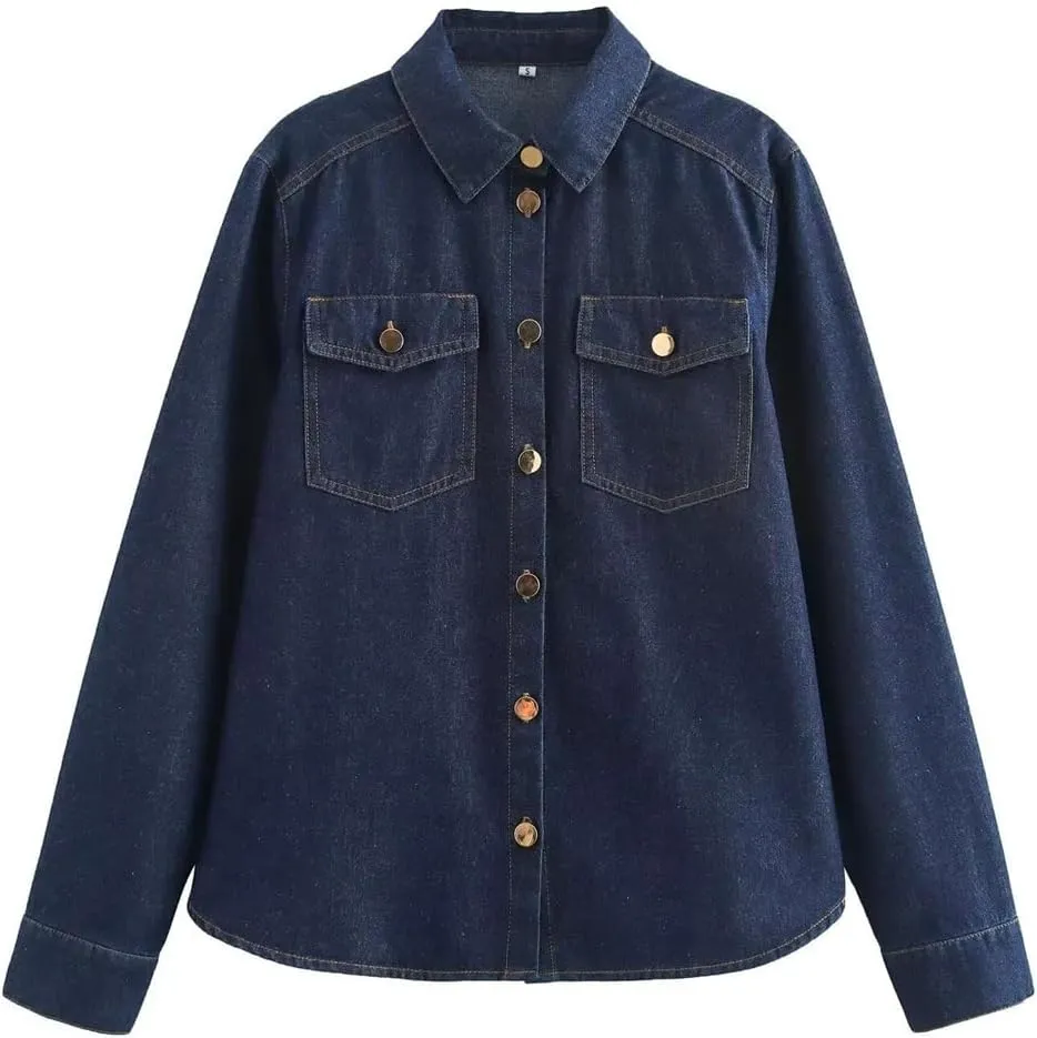 Women's Soft Denim Shirt Jacket Short Solid Button Business Casual Jean Coats