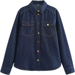 Women's Soft Denim Shirt Jacket Short Solid Button Business Casual Jean Coats