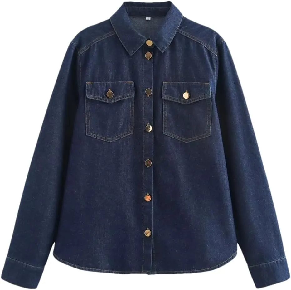 Women's Soft Denim Shirt Jacket Short Solid Button Business Casual Jean Coats