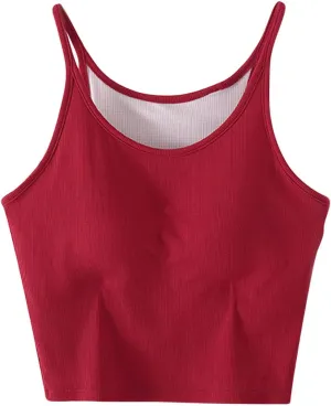 Women's Spaghetti Strap Camisole Ribbed Tank Tops with Built-in Bra Sleeveless Slim Fitted Basic Crop Tee Shirts