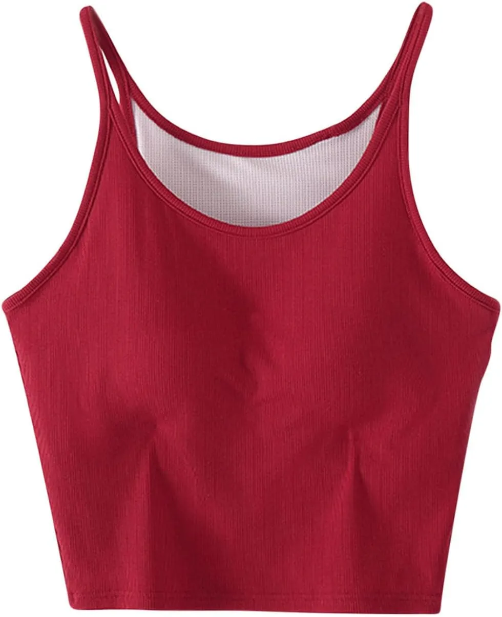 Women's Spaghetti Strap Camisole Ribbed Tank Tops with Built-in Bra Sleeveless Slim Fitted Basic Crop Tee Shirts