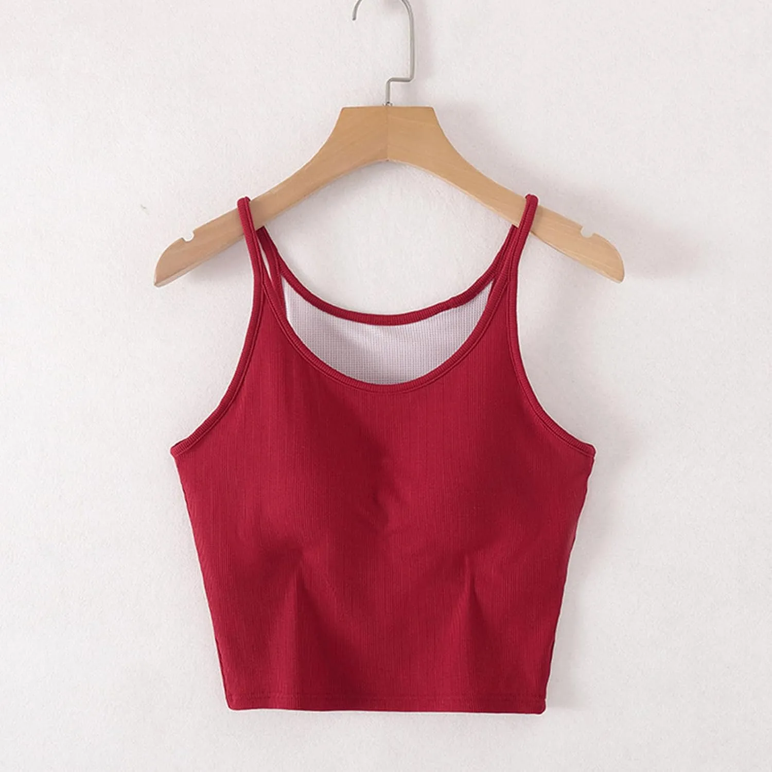 Women's Spaghetti Strap Camisole Ribbed Tank Tops with Built-in Bra Sleeveless Slim Fitted Basic Crop Tee Shirts