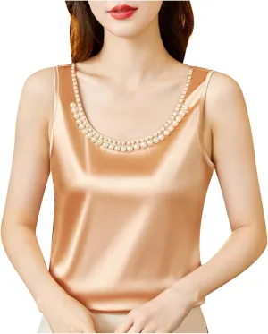 Women's Summer Satin Tank Tops with Pearl Beading Scoop Neck Sleeveless Shirts Dressy Casual Silk Blouse Camisole