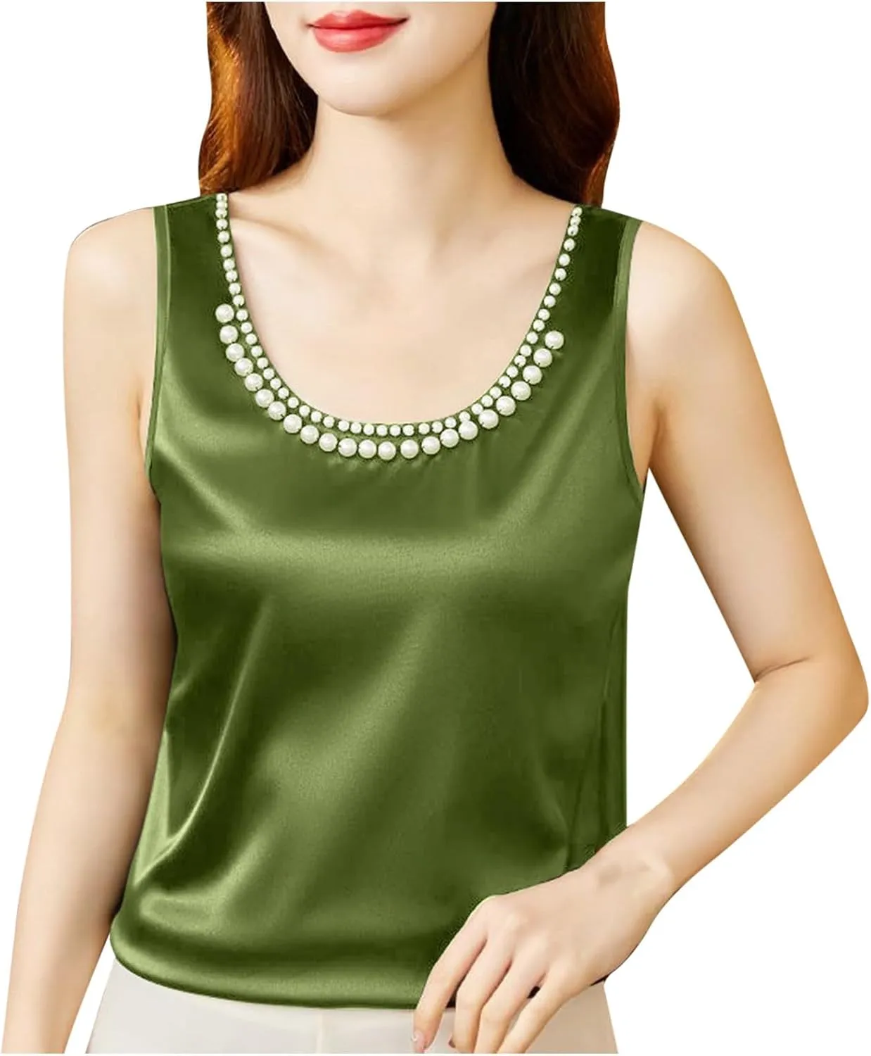 Women's Summer Satin Tank Tops with Pearl Beading Scoop Neck Sleeveless Shirts Dressy Casual Silk Blouse Camisole
