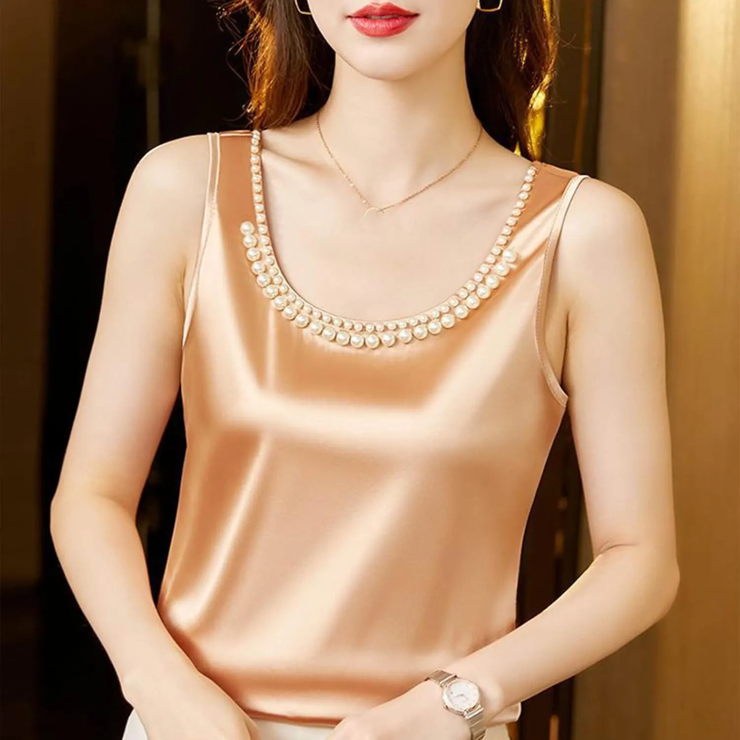 Women's Summer Satin Tank Tops with Pearl Beading Scoop Neck Sleeveless Shirts Dressy Casual Silk Blouse Camisole