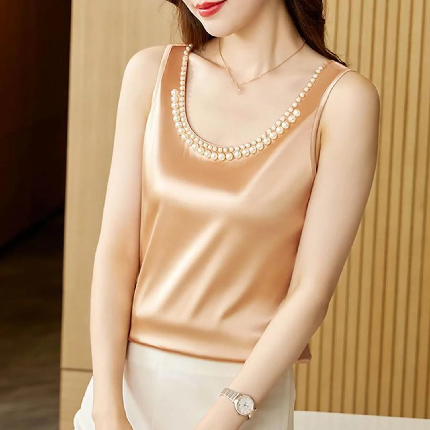 Women's Summer Satin Tank Tops with Pearl Beading Scoop Neck Sleeveless Shirts Dressy Casual Silk Blouse Camisole