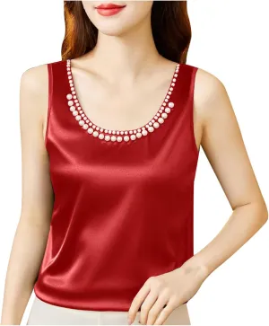 Women's Summer Satin Tank Tops with Pearl Beading Scoop Neck Sleeveless Shirts Dressy Casual Silk Blouse Camisole