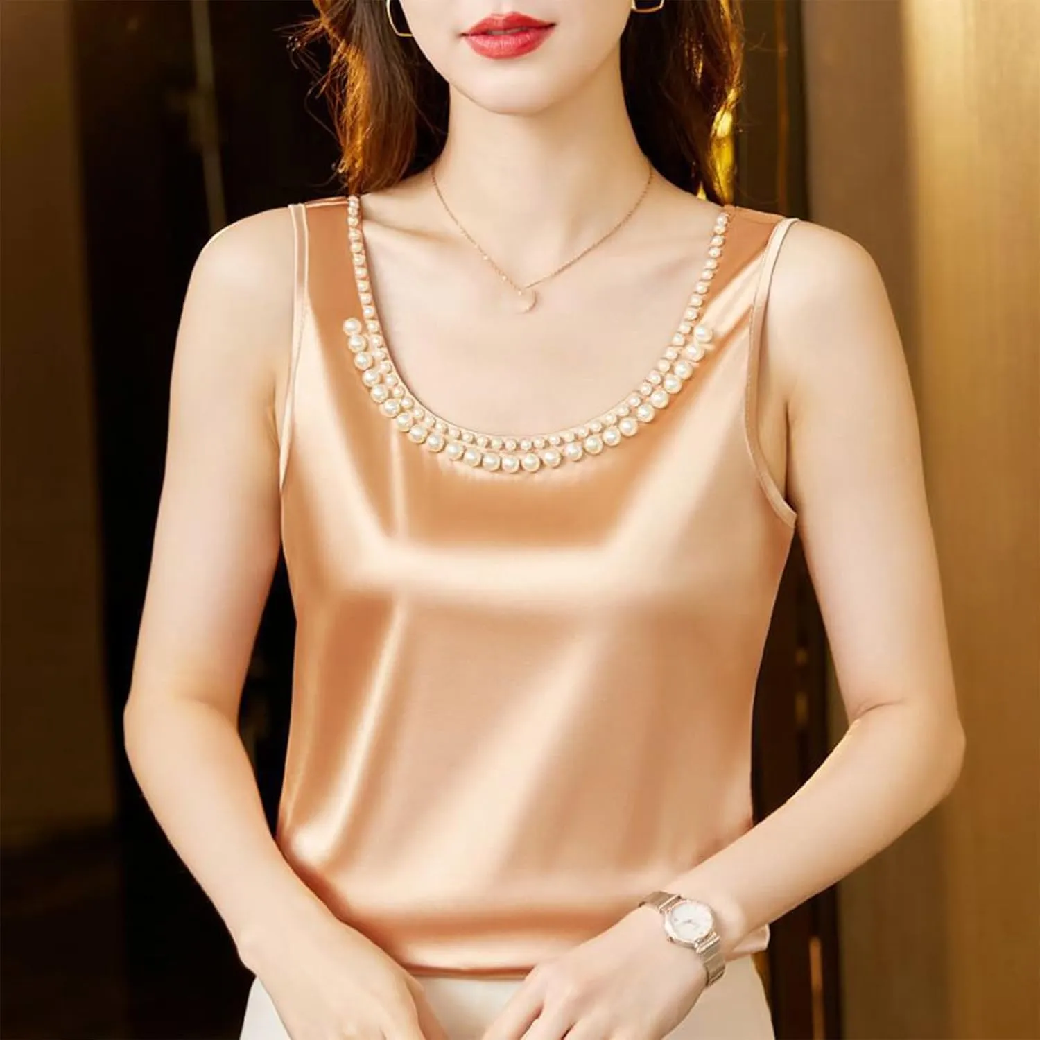 Women's Summer Satin Tank Tops with Pearl Beading Scoop Neck Sleeveless Shirts Dressy Casual Silk Blouse Camisole