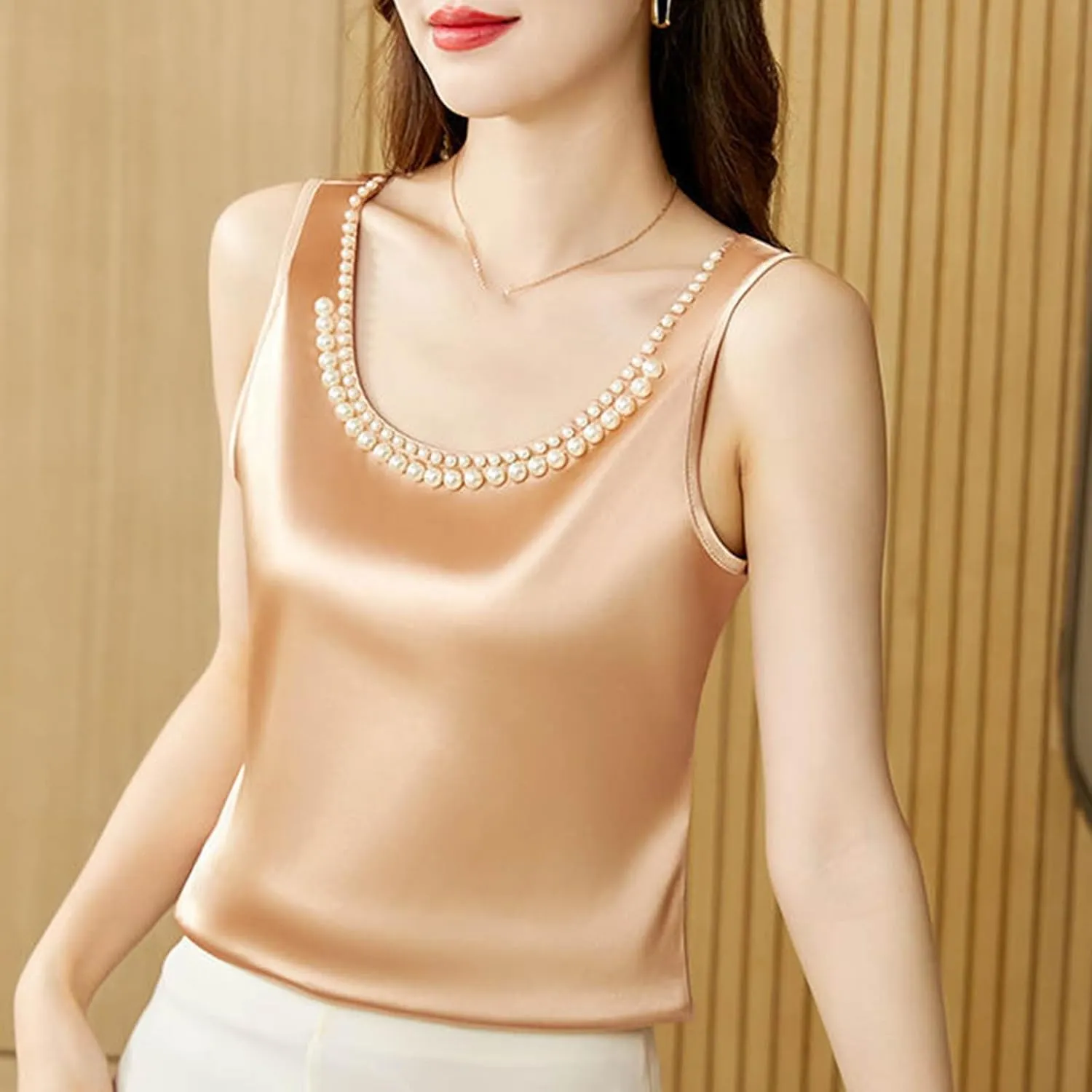 Women's Summer Satin Tank Tops with Pearl Beading Scoop Neck Sleeveless Shirts Dressy Casual Silk Blouse Camisole