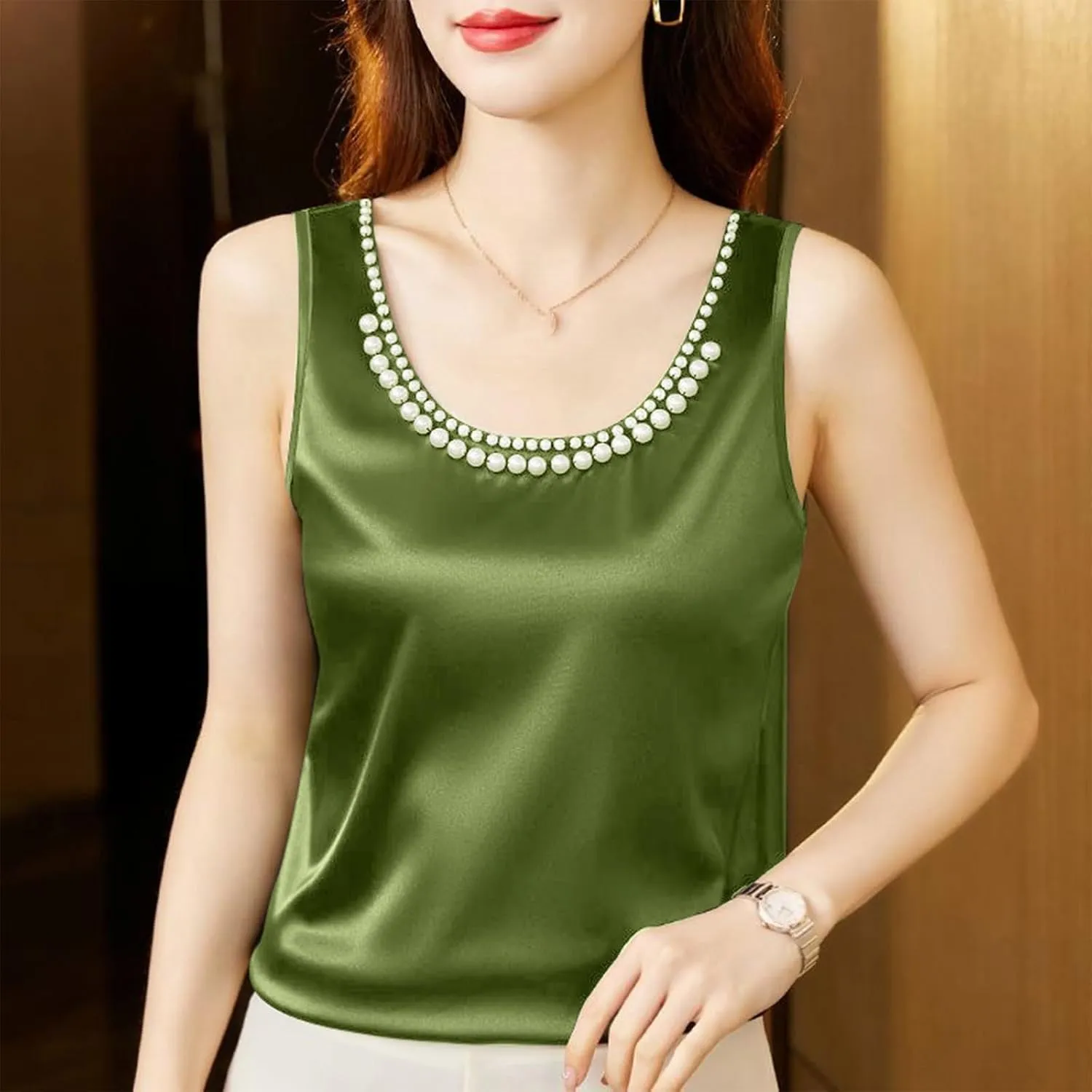 Women's Summer Satin Tank Tops with Pearl Beading Scoop Neck Sleeveless Shirts Dressy Casual Silk Blouse Camisole