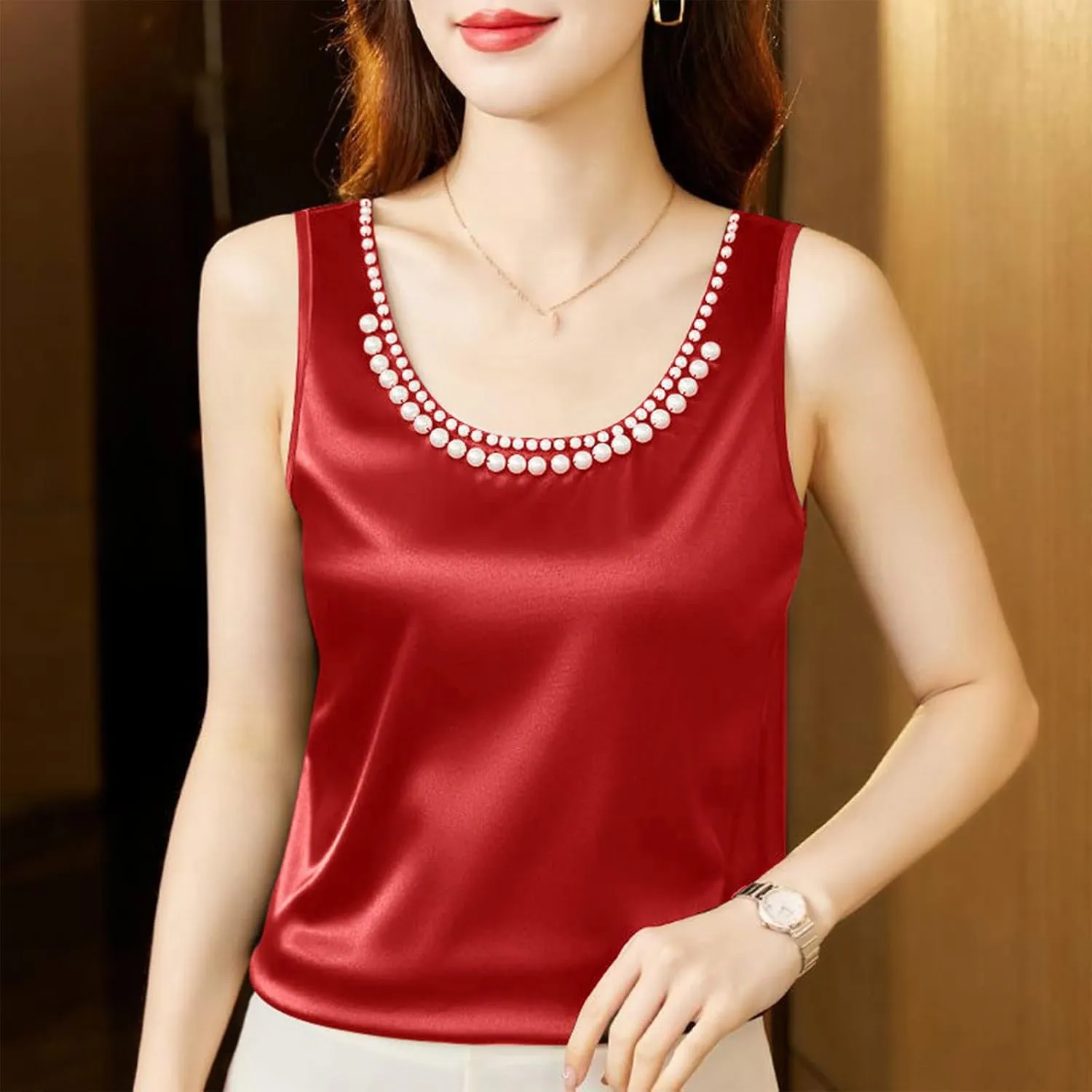 Women's Summer Satin Tank Tops with Pearl Beading Scoop Neck Sleeveless Shirts Dressy Casual Silk Blouse Camisole