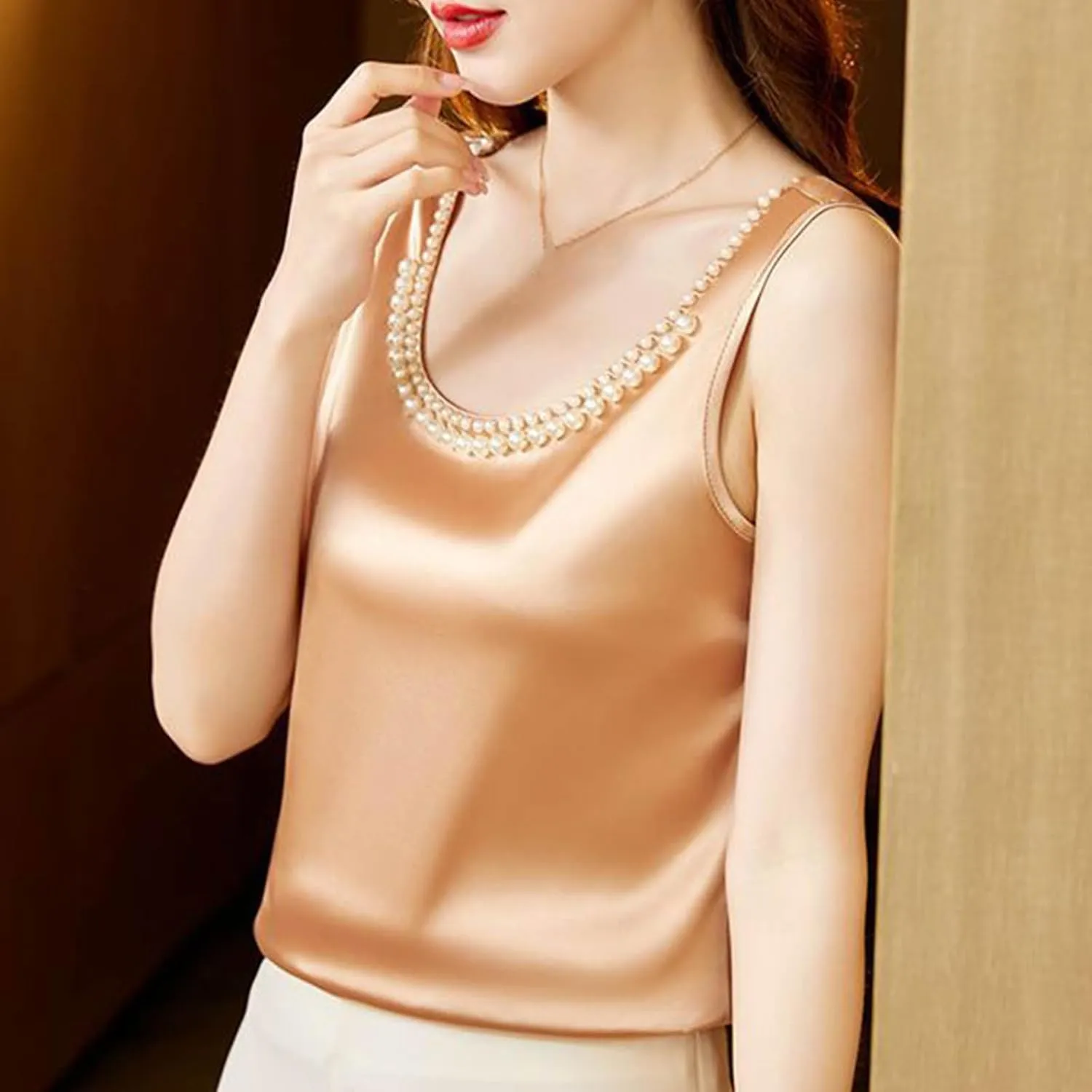 Women's Summer Satin Tank Tops with Pearl Beading Scoop Neck Sleeveless Shirts Dressy Casual Silk Blouse Camisole