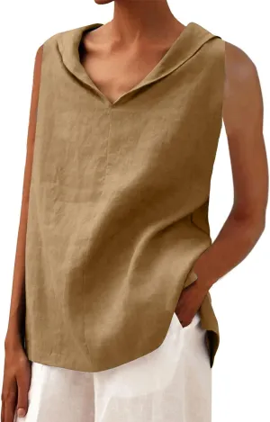 Women's Summer Sleeveless Linen Shirt Loose V Neck Collared Pullover Blouse Casual Shirts Basic Beach Tank Tops