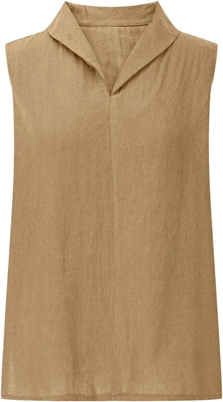 Women's Summer Sleeveless Linen Shirt Loose V Neck Collared Pullover Blouse Casual Shirts Basic Beach Tank Tops