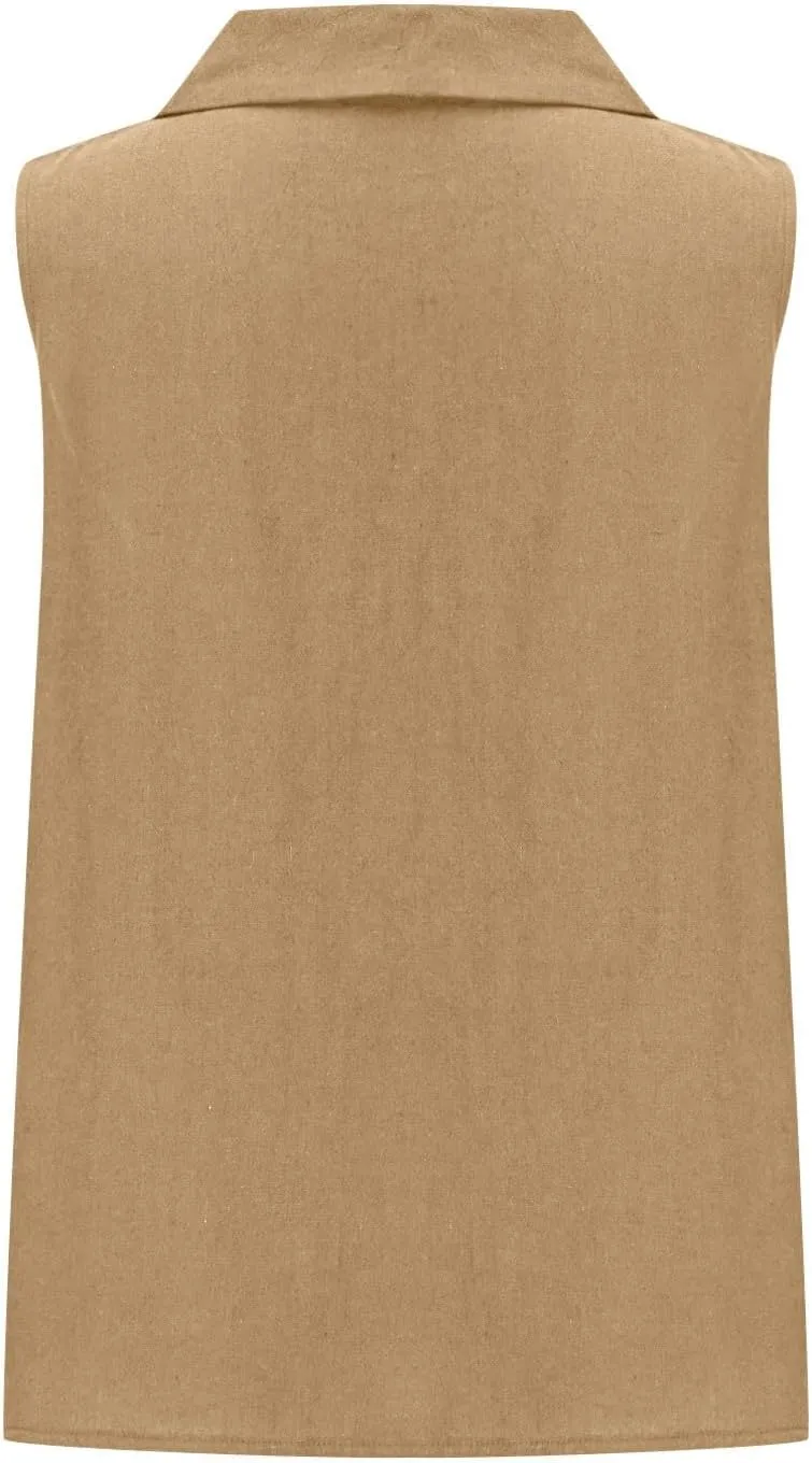 Women's Summer Sleeveless Linen Shirt Loose V Neck Collared Pullover Blouse Casual Shirts Basic Beach Tank Tops