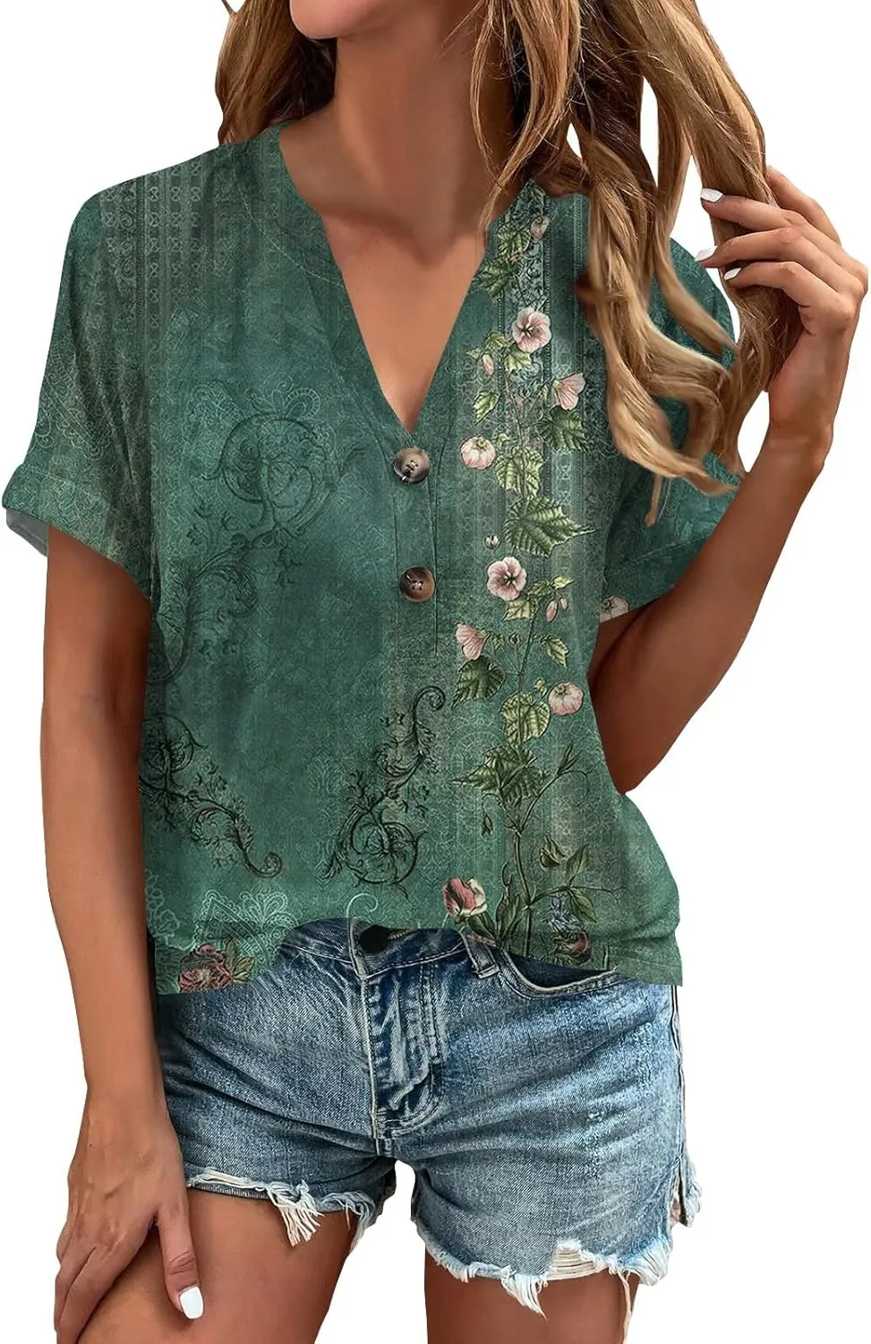 Womens Summer Tops Floral Short Sleeve V Neck Blouses Business Button Down T Shirts Dressy Casual Loose Shirts