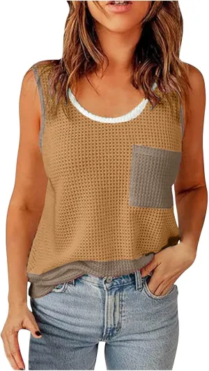 Womens Waffle Knit Tank Tops with Pockets, Summer Casual Crewneck Sleeveless Shirts Color Block Blouses