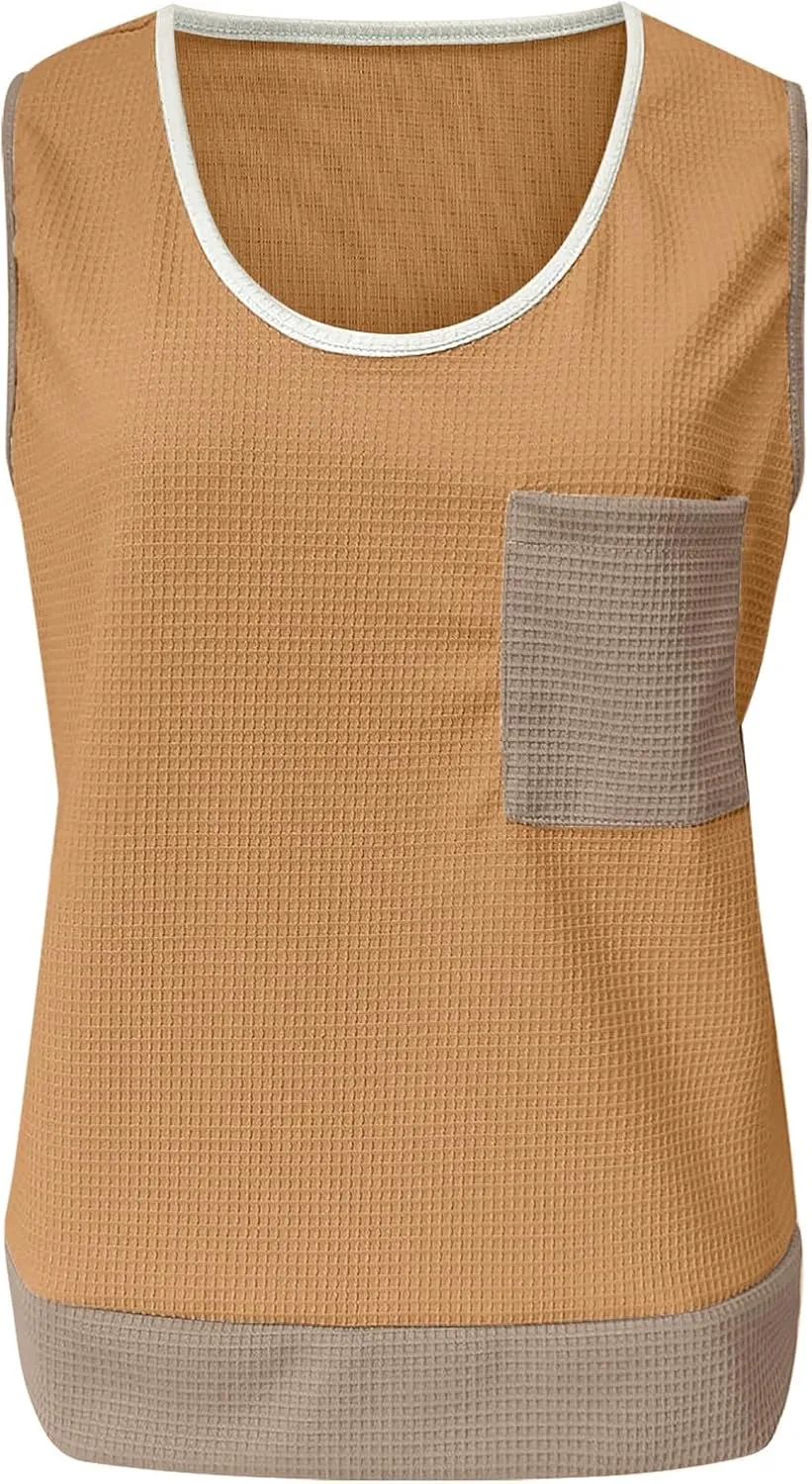 Womens Waffle Knit Tank Tops with Pockets, Summer Casual Crewneck Sleeveless Shirts Color Block Blouses