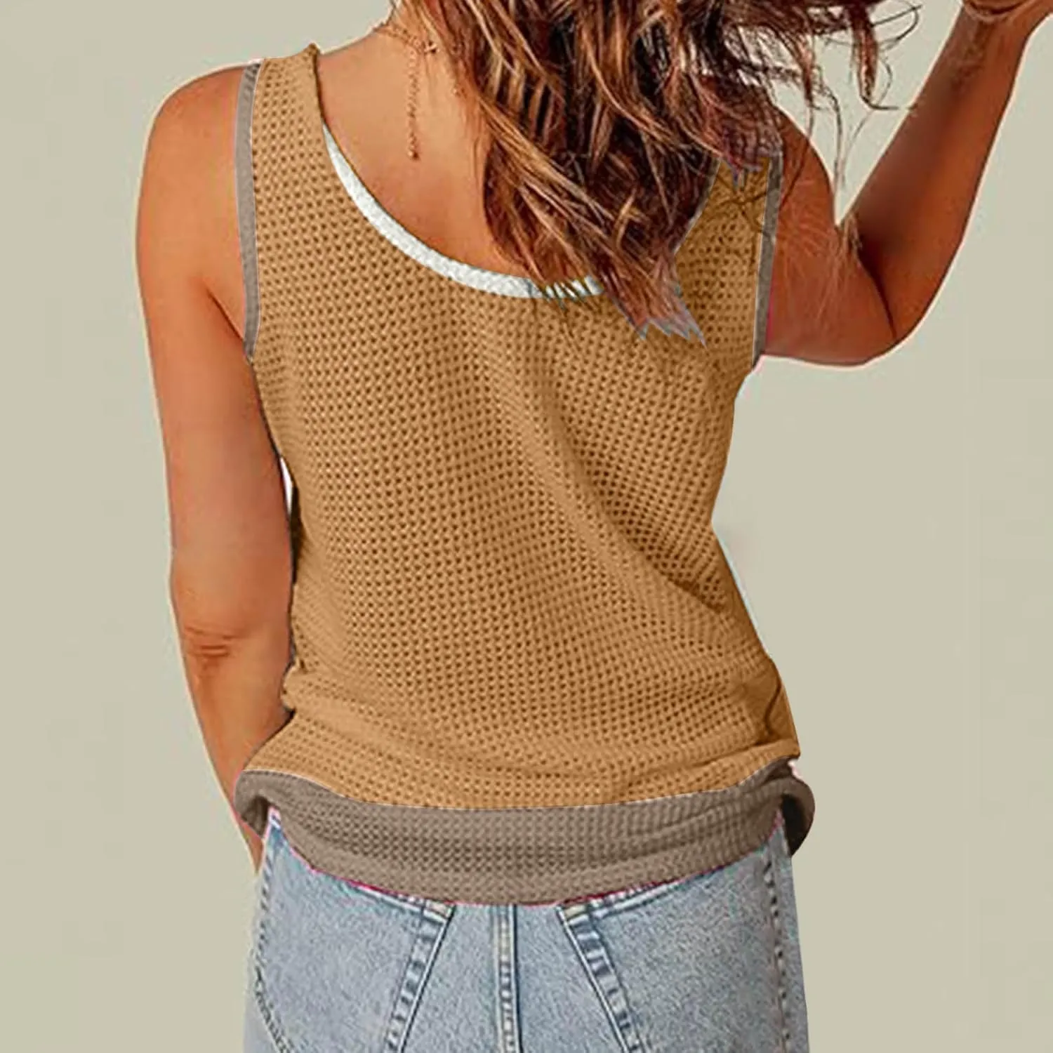 Womens Waffle Knit Tank Tops with Pockets, Summer Casual Crewneck Sleeveless Shirts Color Block Blouses