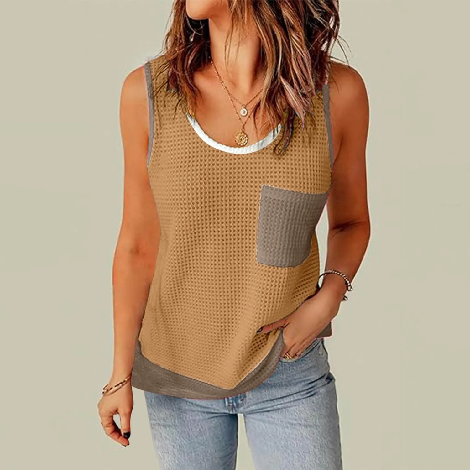 Womens Waffle Knit Tank Tops with Pockets, Summer Casual Crewneck Sleeveless Shirts Color Block Blouses