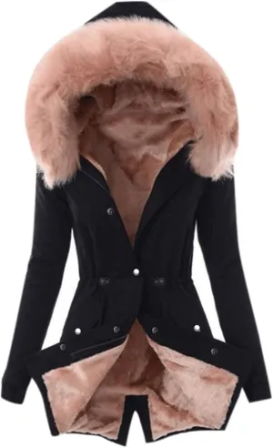 Womens Winter Fleece Jacket with Hood Fashion Elegant Long Sleeve Button Overcoat Casual Slim Outdoor Outing Outwear
