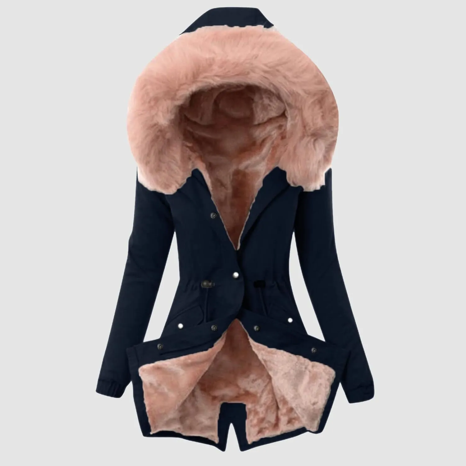 Womens Winter Fleece Jacket with Hood Fashion Elegant Long Sleeve Button Overcoat Casual Slim Outdoor Outing Outwear