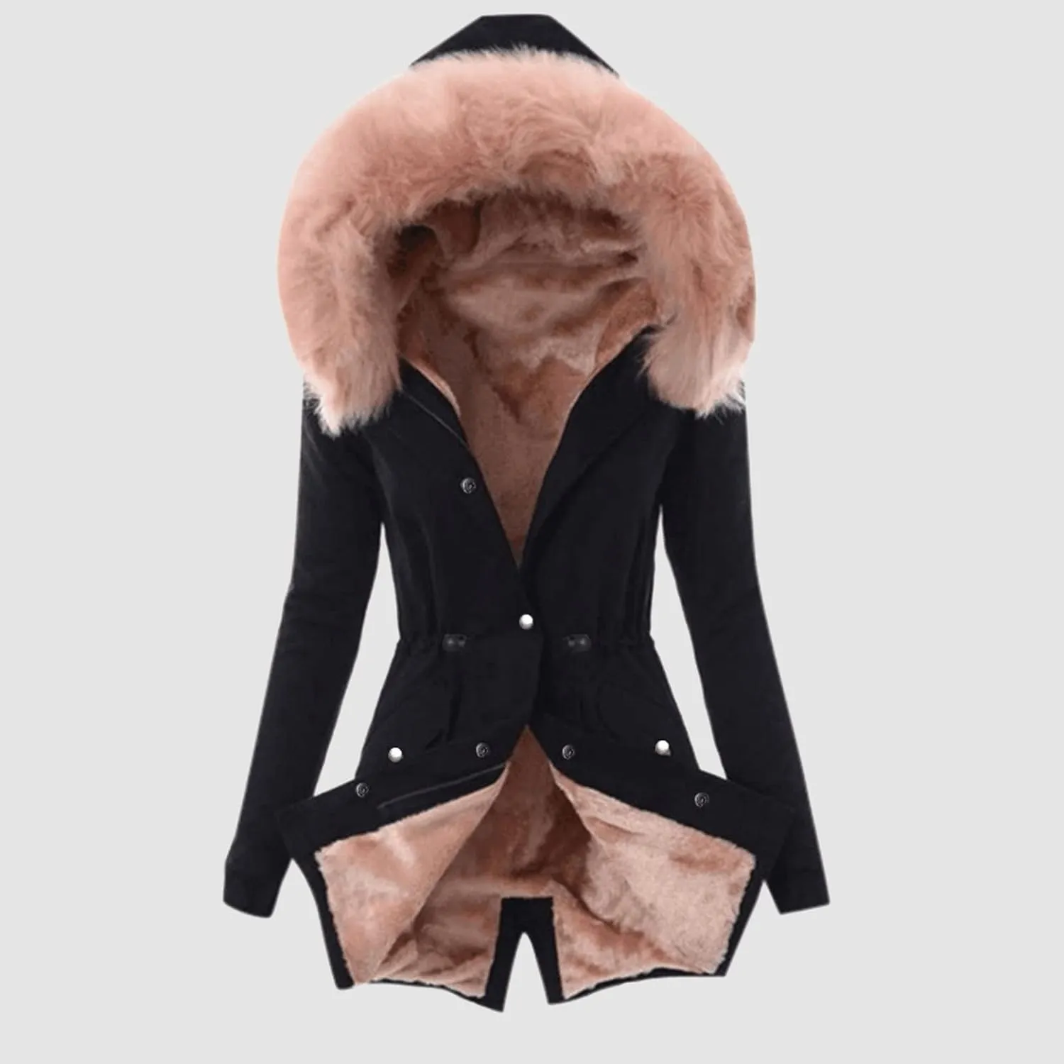 Womens Winter Fleece Jacket with Hood Fashion Elegant Long Sleeve Button Overcoat Casual Slim Outdoor Outing Outwear