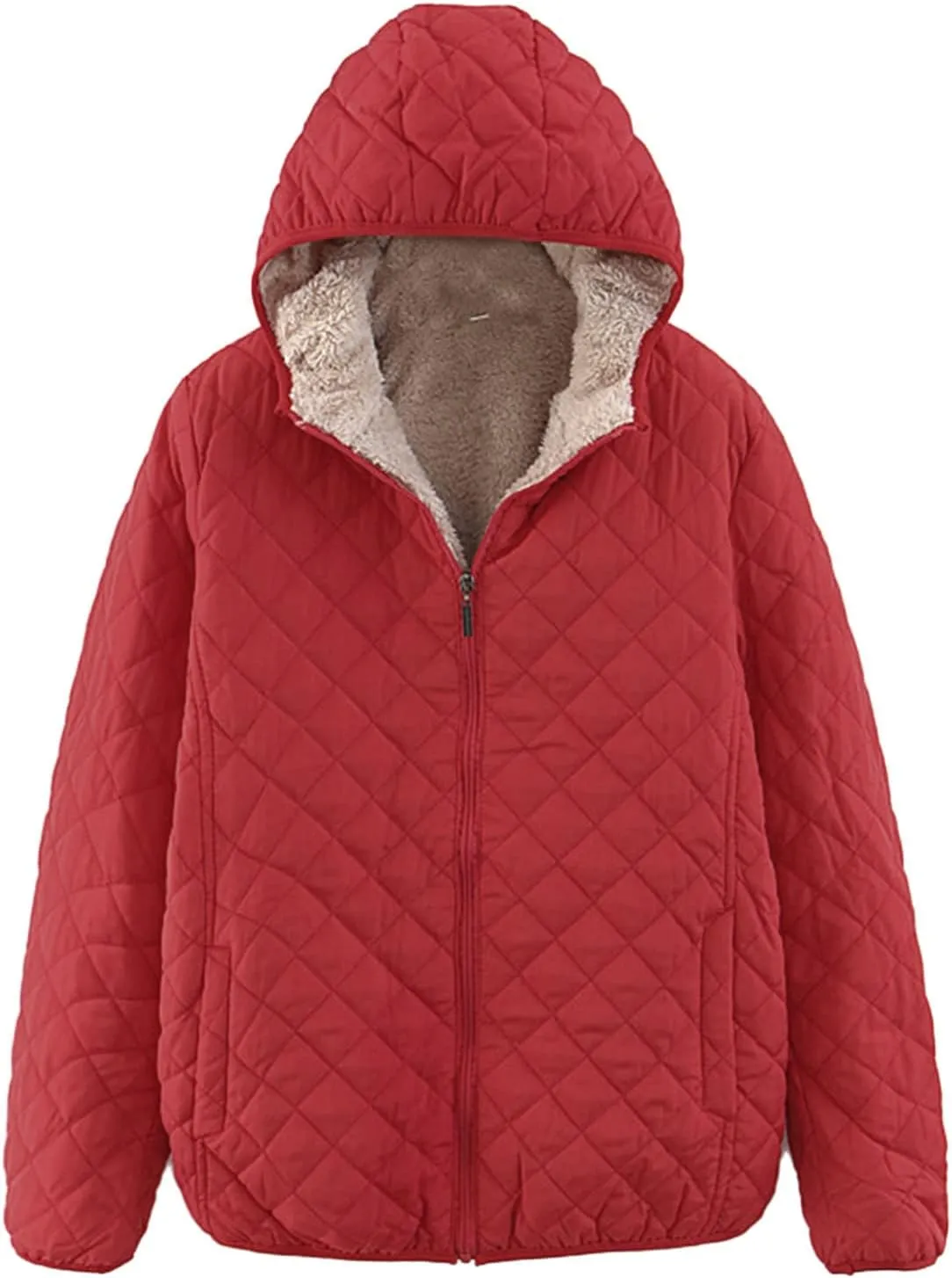 Womens Winter Quilted Lightweight Jacket Casual Hooded Long Sleeve Lined Fleece Coat Loose Comfy Daily Outing Outwear