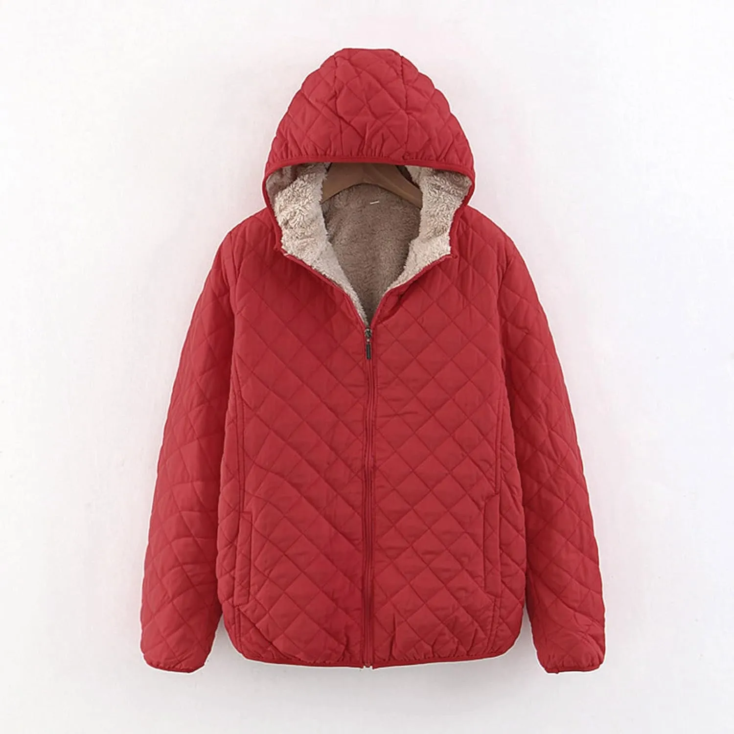 Womens Winter Quilted Lightweight Jacket Casual Hooded Long Sleeve Lined Fleece Coat Loose Comfy Daily Outing Outwear