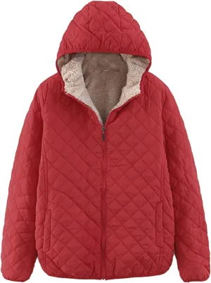 Womens Winter Quilted Lightweight Jacket Casual Hooded Long Sleeve Lined Fleece Coat Loose Comfy Daily Outing Outwear