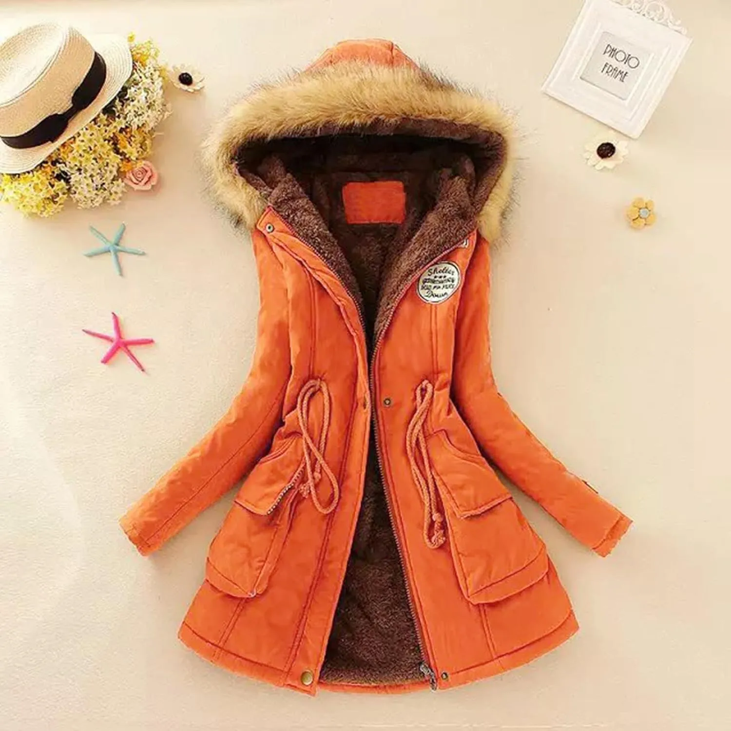 Womens Winter Solid Zipper Fleece Coat Long Sleeve Hooded Casual Outwear Thicken Warm Fitted Overcoat Outdoor Clothes