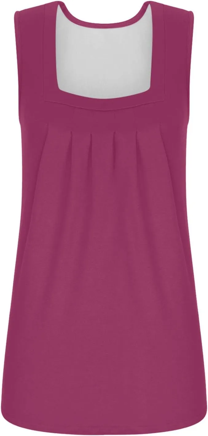 Womne's Summer Sleeveless Square Neck Tank Tops, Flowy Pleated Tunic Shirts for Women, Ladies Loose Fit Tshirt