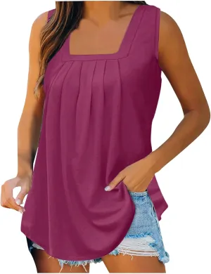 Womne's Summer Sleeveless Square Neck Tank Tops, Flowy Pleated Tunic Shirts for Women, Ladies Loose Fit Tshirt
