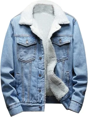 yardsong Men's Fleece Lined Denim Jackets Winter Warm Sherpa Jean Coats Notched Lapel Collar Button Down Trucker Outwear