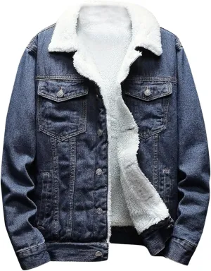 yardsong Men's Fleece Lined Denim Jackets Winter Warm Sherpa Jean Coats Notched Lapel Collar Button Down Trucker Outwear