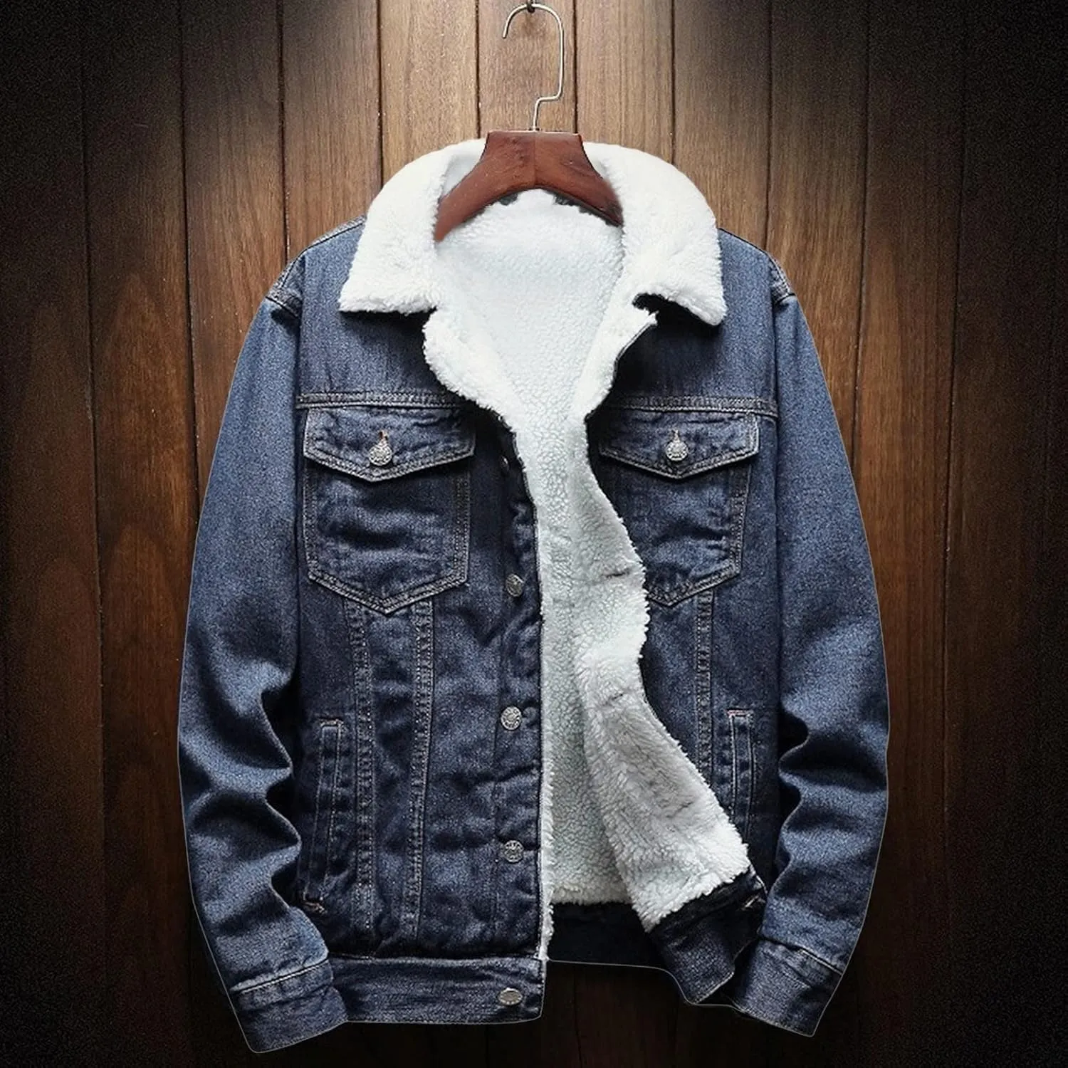 yardsong Men's Fleece Lined Denim Jackets Winter Warm Sherpa Jean Coats Notched Lapel Collar Button Down Trucker Outwear