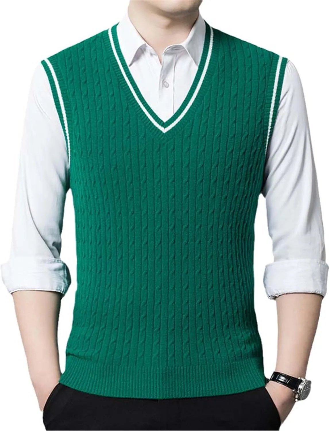Young Men Wool Knit Vest Sweater Jumpers Sleeveless England Style V Neck for Autumn Winter Contrast Rim Casual