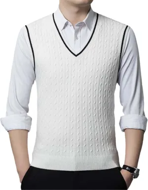 Young Men Wool Knit Vest Sweater Jumpers Sleeveless England Style V Neck for Autumn Winter Contrast Rim Casual