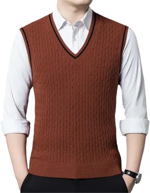 Young Men Wool Knit Vest Sweater Jumpers Sleeveless England Style V Neck for Autumn Winter Contrast Rim Casual