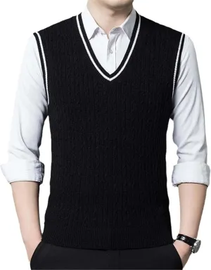 Young Men Wool Knit Vest Sweater Jumpers Sleeveless England Style V Neck for Autumn Winter Contrast Rim Casual